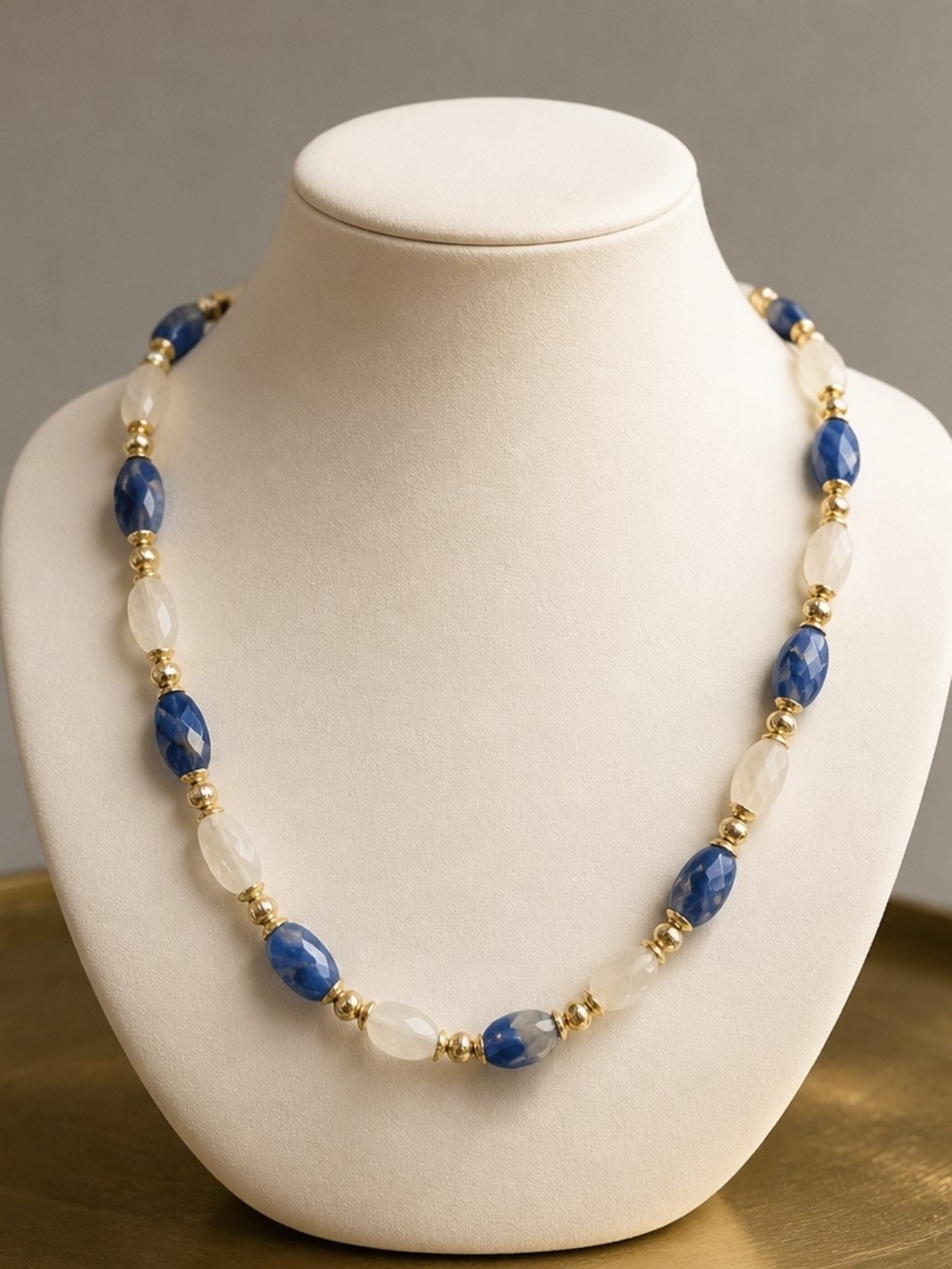 Blue and White Beaded Gold Accent Necklace